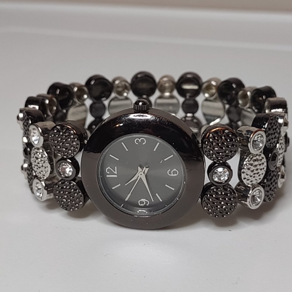 Black And Silver Tone Stretch Watch